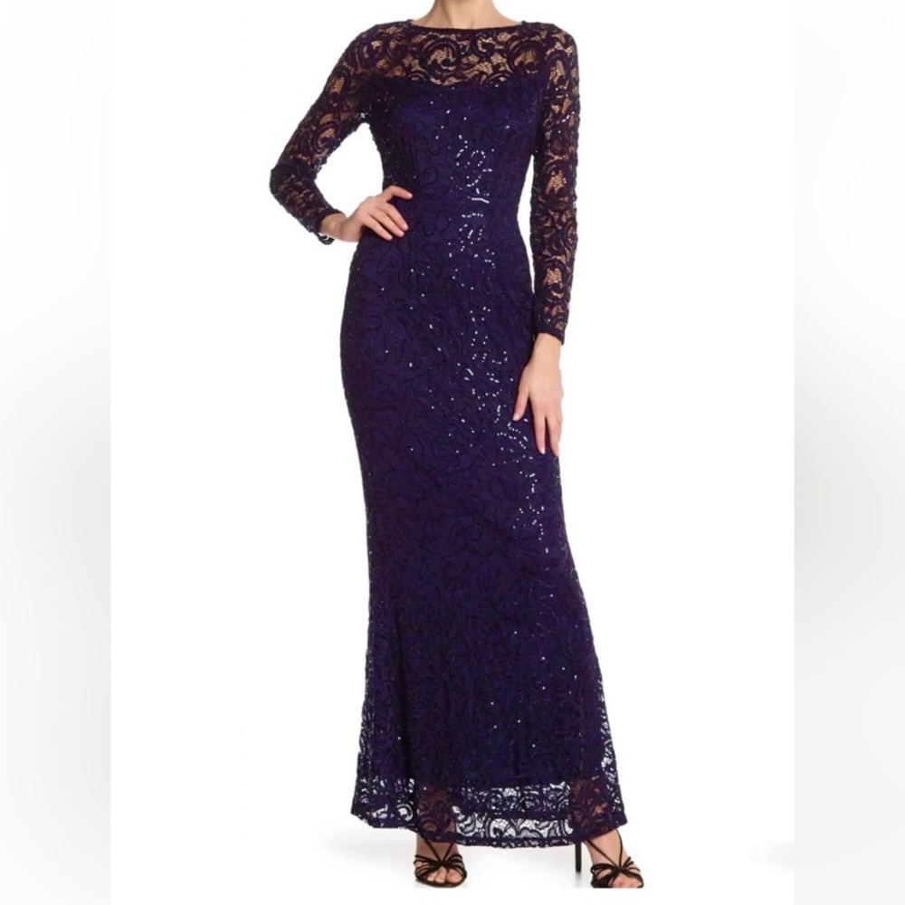 MARINA Sequin Long Sleeve Lace Gown Size S Navy Blue